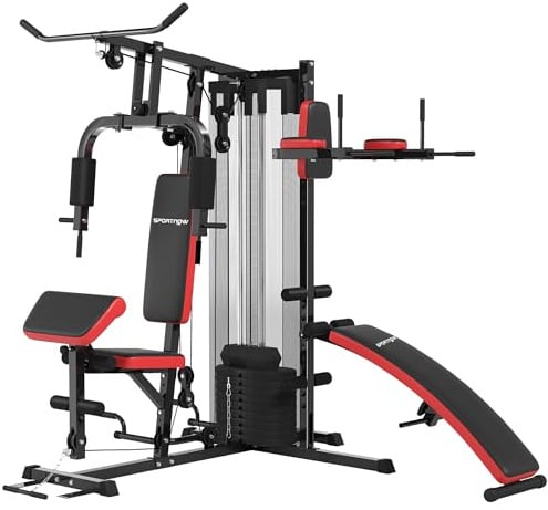 SPORTNOW Kraftstation, Multifunktionale Fitnessstation mit Butterfly- & Latzugstange, Curler, Brustpresse, Sit-Up-Bank, Fitnessgerät mit 65 kg Gewichtsblöcken, Schutzabdeckung, für Zuhause, Schwarz