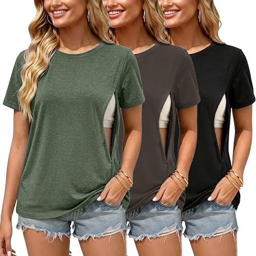 Love2Mi 3er Pack Stillshirt mit Verstecktem Reißverschluss Stillen T-Shirt | Atmungsaktive Material aus Baumwolle,Diskreter Stillreißverschluss, Stillen Mit Privatsphäre, Für Alltag Zuhause