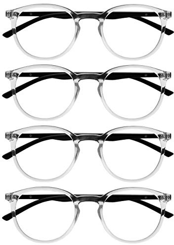 OPULIZE Met Lesebrille 4er Pack Schlank Runder Rahmen Federscharniere Kratzfest Transparent Schwarze Bügel Herren Damen RRRR60-C +2.50