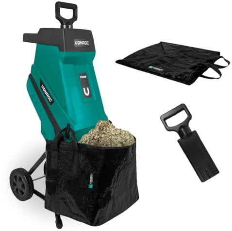 VONROC Gartenhäcksler elektrisch 2500W - Messerhäcksler für Äste bis zu Ø45mm - Leise & Robust - Häcksler Maschine für Gartenabfälle inkl 45L Auffangsack