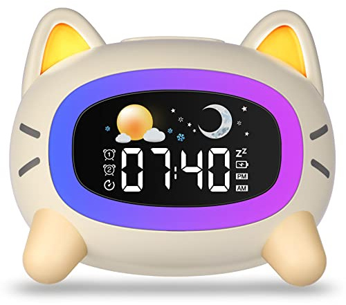 Uplayteck Wecker Kinder, Katze Schlaftrainer Kinderwecker Digital Mit Soundmaschine, Buntem Licht, Snooze und Timer-Funktion, Lichtwecker Wake Up Light für Mädchen, Jungen, Jugendliche