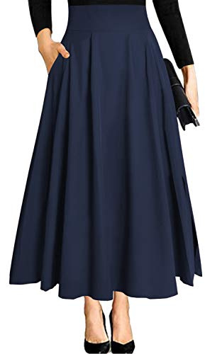 Dunkelblau Langer Rock Damen Sommer Outfit Lang mit Schlitz a linien Maxi Midi Festlich Maxirock Taschen Eleganter Hohe Taille Faltenrock Plisseerock Sommerrock Leicht Strandrock Chiffon L