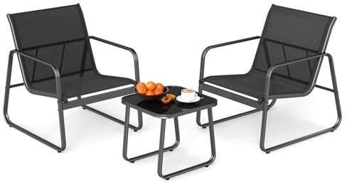 GOPLUS 3tlg. Gartenmöbel Set, Bistroset mit 2 Gartenstühlen & Beistelltisch, Balkonset Balkonmöbel Terrassenmöbel, Sitzgruppe Sitzgarnitur Outdoor für Garten Hof Veranda Terrasse (Schwarz)