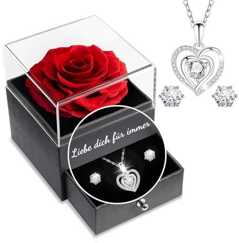 Yamonic Ewige Rose mit Kette Geschenke für Frauen,Echte Rose mit Herz Halskette Frauen Geschenk Weihnachten Geburtstag Valentinstag Hochzeitstag Muttertag, Infinity Rosen Geschenke Für Freundin Mama