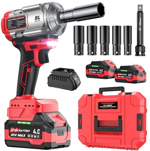 XIAZIR Akku Schlagschrauber 1200Nm, 21V 4.0Ah 2 Akkus & Schnellladegerät, 3 Gänge + LED-Licht, inkl. 5 Stecknüsse + Verlängerung + Koffer, für Auto, Baustelle & Heimwerken