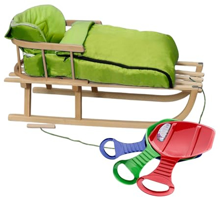 BirnePower Holzschlitten 90cm mit Rückenlehne und Winterfußsack 90cm in Grün – Komplettset inkl. Zugseil & Gurt, Rodelschlitten aus Buchenholz (Grün 90cm)