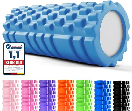 unycos - Faszienrolle (33x14 cm), Fitness-Rolle mit 3D Texturmassage und 50 Übungen E-Book, Hartschaumrolle zur Selbstmassage, Belastbar 130 kg, Massagerolle für Funktionales Training (Hellblau)