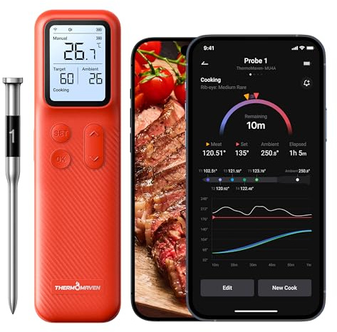 ThermoMaven P1 Fleischthermometer kabellos, Grillthermometer mit WiFi & Bluetooth 5.3, App & Display, 6 Sensoren, ±0,3 °C Genauigkeit, IPX8, 48 h Akku, Bratenthermometer für Grill, Backofen & Smoker