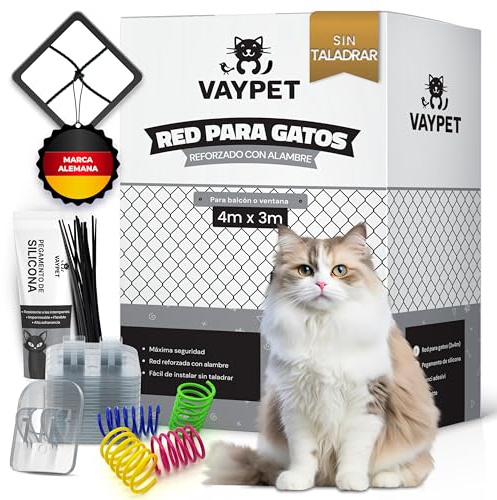 VAYPET® Katzennetz für Balkon ohne Bohren inkl. Klebehaken & Silikonkleber I Robustes Katzennetz drahtverstärkt & wetterfest I Einfach mit dem Katzennetz Balkon, Fenster & Terrasse sichern (4x3m)