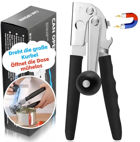 Professioneller Dosenöffner, Edelstahl mit Komfortgriff, Manuelle Bedienung, Glatte Kante, für Senioren und Küche (Schwarz) Große Kurbel