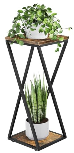 Bamworld Blumenständer Metall mit Holz Ablagen, 2 Ebenen Pflanzenständer im Industrie-Design, Blumenhocker für Wohnzimmer Balkon Garten Dekoration