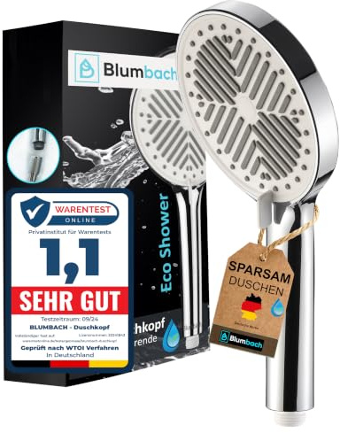BLUMBACH® Duschkopf wassersparend Eco Shower, Shower Head mit 3 Strahlarten | wassersparender Duschkopf 6-9 l/min, Sparduschkopf, wasserspar Handbrause Dusche, Duschbrause sparsam, Testsieger Brausekopf