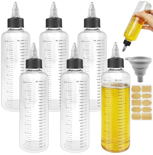 Realure 6 Stk Quetschflasche 250ml, Transparente Skala Squeeze Flasche | Kunststoff Dosierflasche, mit Drehverschluss Trichter, Mehrzweck Soßenflaschen, für Flüssige Gewürze Sauce Öl Soja Essig
