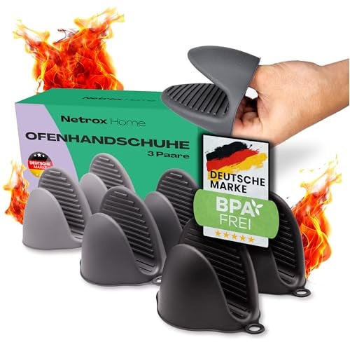 NetroxHome - 3 Paar Mini Ofenhandschuhe Silikon - hitzebeständig bis 240°C & spülmaschinenfest - Topfhandschuhe Topflappen zum Kochen, Backen & Grillen - Backhandschuhe Kochhandschuhe Topf Handschuhe