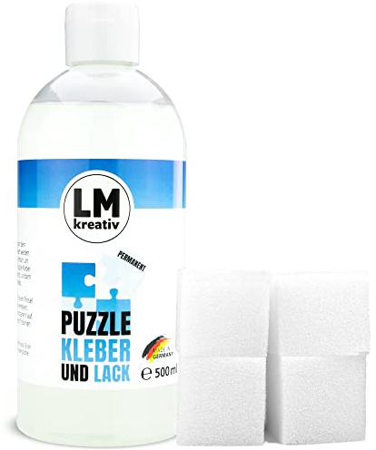LM Puzzlekleber/Conserver & Lack 500 ml + 4 Schwämmchen - Transparent - zum Teile verkleben von großen & Kleinen Puzzles. Der Fixierer kann mit einem Schwamm oder Pinsel aufgetragen Werden