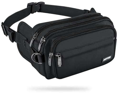 AGPTEK Bauchtasche für Herren und Damen, wasserdichte Gürteltasche mit 5 Einzelfächern, Hüfttaschen für Hundespaziergänge, Reise, Wanderung und Outdoor-Aktivität, Schwarz