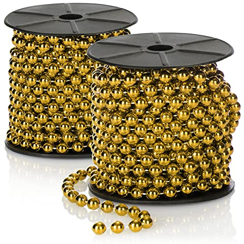 COM-FOUR® 2X Perlengirlande für den Weihnachtsbaum, Christbaumschmuck | Weihnachtsdekoration - Hochzeitsdekoration - goldfarben 20 m