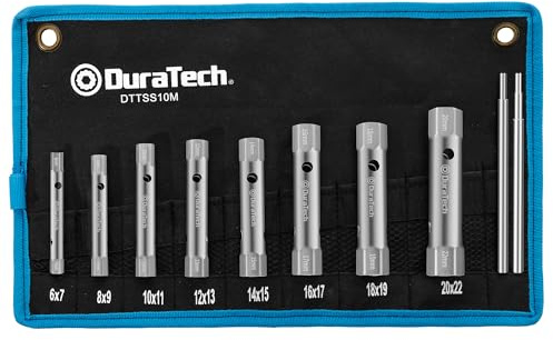 DURATECH 10-tlg Rohrsteckschlüsselsatz 6-22 mm inkl. Drehdorn, Doppelsteckschlüssel-Set für Wasserhähne, Mischbatterien und Sanitärinstallation, Metrisch, mit Rolltasche