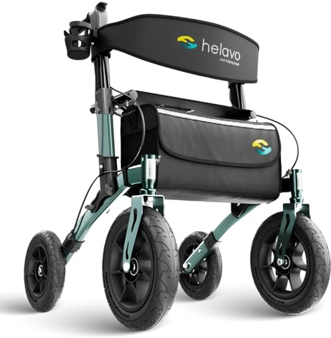 Helavo Outdoor-Rollator mit Luftbereifung - Faltbarer Rollator mit Sitz & Lehne für Draußen - Komfortable & stoßdämpfende 12/10 große Räder - Gehhilfe für Waldwege, Gras & Strand