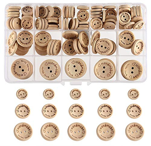FEPITO 140 Stück Handmade Knöpfe “Handmade mit Liebe” Holzknopf 15mm 20mm 25mm Runde Form Holzknöpfe zum Nähen und Basteln von Dekorationen
