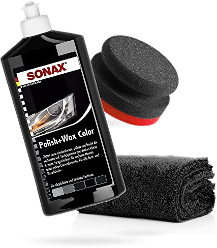 detailmate SONAX Hand Polier Set - SONAX Polish+Wax Color schwarz 500ml + Handpolierschwamm Puck im Verbundaufbau hart Ø90/50mm + detailmate Edgeless Superflausch Mikrofaser Poliertuch 550GSM