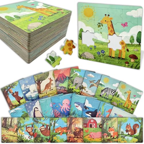 HahaMagic Kinderpuzzle, 24er Set 16 Teile Kleinkind-Puzzle mit Unterlage, Einzeln Verpackte Tierische Lernspielzeuge für Partygeschenke Geburtstagsgeschenke Klassenzimmerpreise, Kids' Party Favors