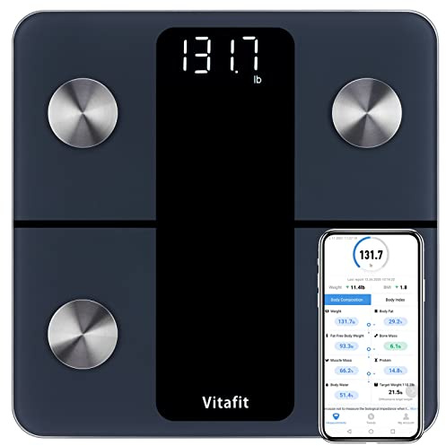 Vitafit Personenwaage Körperfettwaage mit APP 182kg, Professionelle Fabrik SEIT 2001, Waage Personen mit Bluetooth, Körperwaage Körperanalysewaage für Körperfett, BMI, Muskelmasse, Schwarz