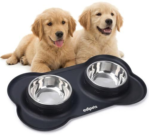 Edipets, Futternapf für Hund Katzen und Haustiere, Trinker für Hund Katzen, Doppelteller aus Edelstahl, rutschfeste Silikonbasis (Größe M - 480 g, Schwarz)