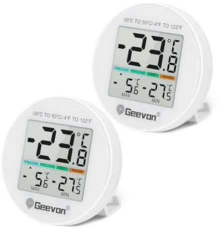 Geevon Kühlschrankthermometer, Digital Mini, IP65 Wasserfest, für Kühlschrank Gefrierschrank Innen Thermostat mit LCD Bildschirm, Ständer Magnetrückseite Max Min Aufzeichnung-mit Batterien (8724-WH-2)