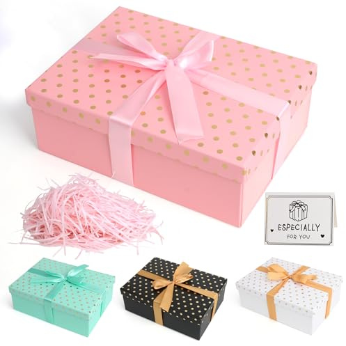 Luxus Geschenkbox mit Deckel, Premium Geschenkbox Mädchen Set mit Schleifen Raffia Grußkarten, 25x18x8.5cm Faltbare Geschenk Box für Valentinstag Geburtstag Weihnachten Halloween Hochzeit(Rosa)