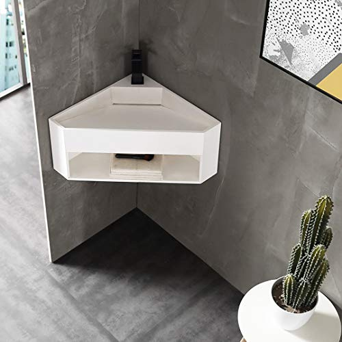 Bernstein Eck-Handwaschbecken TWG70 50x50x28 cm - Weiß Matt, Wand-Waschplatz aus Mineralguss Solid Stone, mit Ablagefach - Platzsparendes Hänge-Waschbecken, Waschtisch ohne Armaturloch