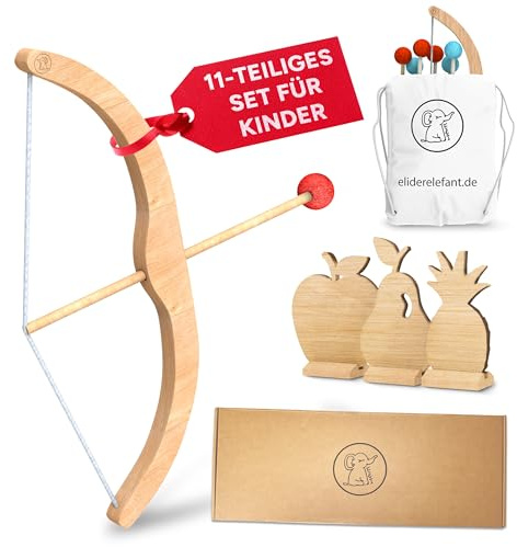 Eli® Pfeil und Bogen Kinder mit 6 Pfeilen aus Filz - 3 Zielscheiben inkl. Baumwollrucksack - Bogenschießen Kinder für Indoor und Outdoor - Spielzeug ab 3 Jahre - Holzspielzeug