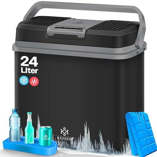 KESSER® 24 Liter Kühlbox | KÜHLT und WÄRMT | Thermo-Elektrische Kühlbox | inklusive 2x Kühlakku & Getränkehalter | 12 Volt und 230 Volt | Mini-Kühlschrank | für Auto und Camping | EEK E | Schwarz/Grau