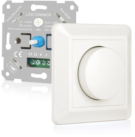 VIPMOON Dimmer Schalter 220-240V Dimmer für Led Lampen 5-200W Push-On/Off Rotary Phasenabschnittsdimmer für dimmbare LED Lampen, Glühlampe und Halogenlampe, Weiß
