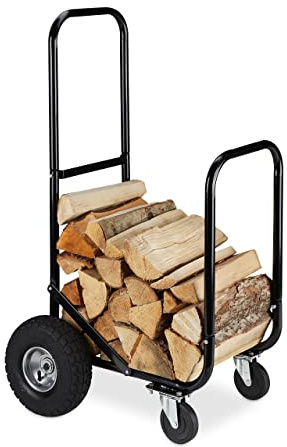 Relaxdays Kaminholzwagen, 2 Reifen & 2 Rollen, bis 60 kg, Brennholzwagen Stahl, Holztransport & -aufbewahrung, schwarz