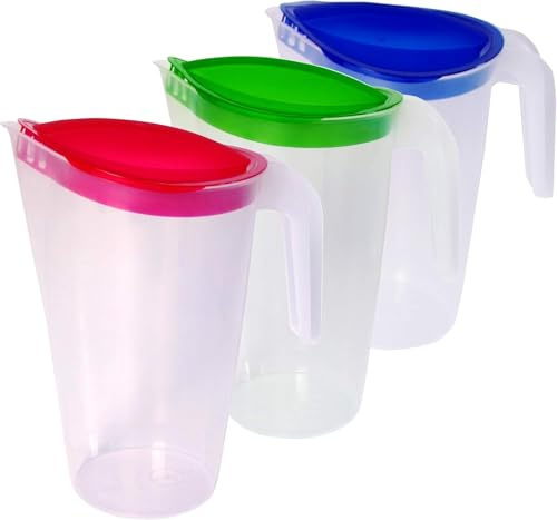 Home Line Saftkanne 1,5 L - 3er Set (blau, grün, rot) - Wasserkanne mit festsitzendem Deckel - Getränkekanne mit tropffreiem Außgieser - Wasserkaraffe Kühlschrankkrug Saftspender