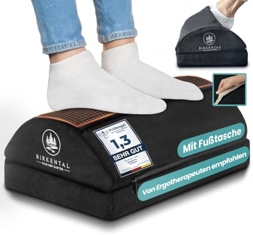 Birkental Fußstütze Schreibtisch – (TESTSIEGER) mit flauschiger Fußtasche – Ergonomisch höhenverstellbare, rutschfeste Fußablage – Büro und Schreibtisch Zubehör für Komfort - Fußbank- Fußhocker