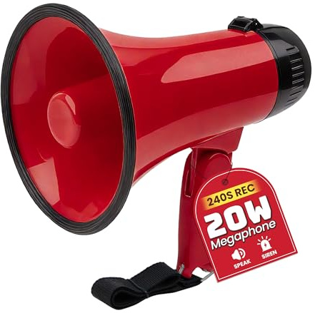 MyMealivos Tragbares Megafon Bullhorn 20 Watt Power Megafon Lautsprecher Sprach- und Sirenen-/Alarmmodi mit Lautstärkeregler und Gurt