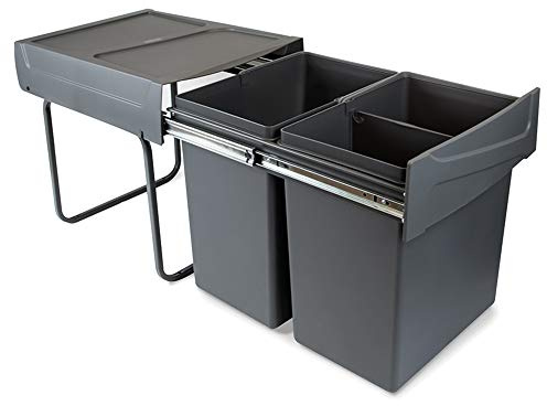 Emuca - Küchenabfalleimer mit unterseitiger Befestigung, 2 ausziehbarer 20 L Recycle-Mülleimer, Gesamtkapazität 40 L (2 x 20 L), Stahl und Kunststoff, Anthrazitgrau.