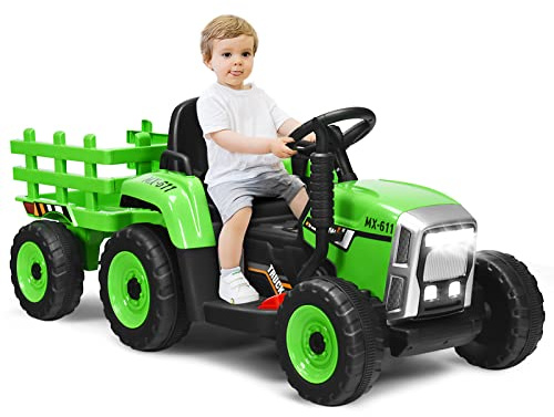 DREAMADE Traktor mit Abnehmbarem Anhänger, Elektrotraktor mit LED-Licht & Musik & Fernbedienung, Kindertraktor mit max. Tragfähigkeit von 30 kg, Aufsitztraktor für Kinder ab 3 Jahren (Grün)
