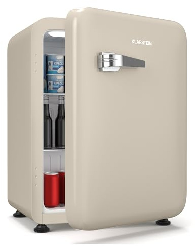Klarstein Audrey Evo 68L Mini Kühlschrank - Retro-Design, Leise 40 dB, Kompressor, Verstellbare Füße, Wendetür, Kühlschrank Klein für Schlafzimmer und Büros, Creme