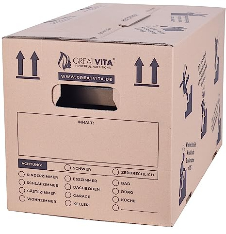 GreatVita Umzugskartons 5 Stück 2‑wellig, extra stabil bis 40 kg, 600 x 330 x 350 mm, recycelte Pappe, schnell aufbauend ohne Klebeband, moving boxes sowie archivbox mit verstärkten Tragegriffen