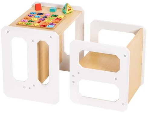 Yorbay Tisch und Stuhl Set für Kinder Kinderschreibtisch mit 1 Hockern, Kindersitzgruppe 3 in 1-Wendehocker & zum Kinderarbeitsplatz umwandelbarer Kinderbank, Kindermöbel(Natur, M)