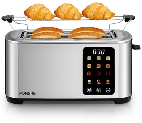 Toaster 4 Scheiben, 1400W Edelstahl Langschlitz Toaster, 9 Farbeinstellungen und 3 Brotsorten, Abbruch-/Auftau-/Aufwärmfunktion,Touchscreen Bedienung, mit Brötchenaufsatz