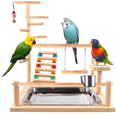 Vogelspielzeug, Papageienspielzeug, Wellensittich Spielzeug, Spielplatz Mit Feeder-Cup Spielzeug Leiter Erklimmen Schaukel Und Tablett Vogelschaukel Sitzplatz Für Sittiche Nymphensittich, 37x26x44CM
