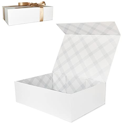 Tekhoho Weiß Große Geschenkbox 33x23.7x10 cm, Premium Geschenkbox mit Magnetdeckel und Geschenkband für Feiertage Hochzeit Geburtstag Geschenkverpackung, Kariertes Innenfutter