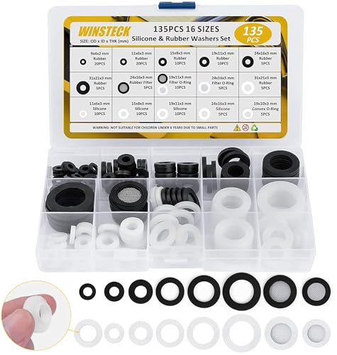 135 Stücke 16 Größen Dichtungsringe Set, Schlauch Unterlegscheiben Gummi Flachdichtung Wasserhahn Dichtringe Siebfilter zur den meisten Standard-Schlauch Wasserhahn Duschkopf-Anschluss