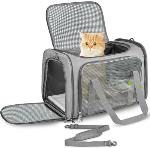 Lohofrnny Transporttasche Katze, Transporttasche für Katze Hund bis zu 5kg | Tragbar Faltbare Haustier Tragetaschen mit Schultergurt für Mittel Kleine Haustiere(Grau, 43x28x28cm)