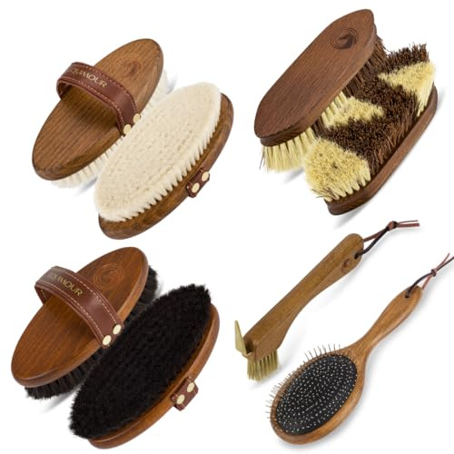 Equimour Starter-SET – 5-teiliges Pferdepflege-Set mit Rosshaar-Kardätsche, Ziegenhaar-Glanzbürste, Wurzelbürste, Mähnenbürste und Hufkratzer | Hochwertiges Putzzeug für gepflegtes Fell und Hufe