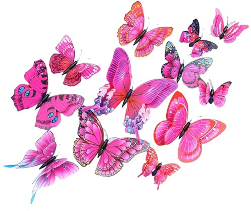 TINA.WIN 12 StüCk Mariposas Decorativas, Schmetterlinge Fliegende，Adornos De Mariposas 3d Pegatinas ExtraíBles ，4 TamañOs Diferentesrealistas, Para Casa, Bricolaje, KüHlschrank (Rosa)